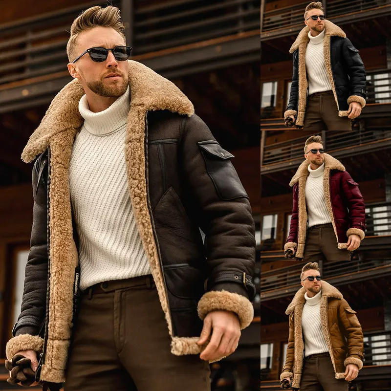 Men Autumn Winter Fashion Casual Simple Solid Color Frock Single-Breasted Large Lapel Zipper Plus Size Jacket Coat