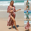 Women'S Sexy Leaves Print V Neck Batwing Sleeves Beach Vacation Loose Waist Tie Cardigan Dress