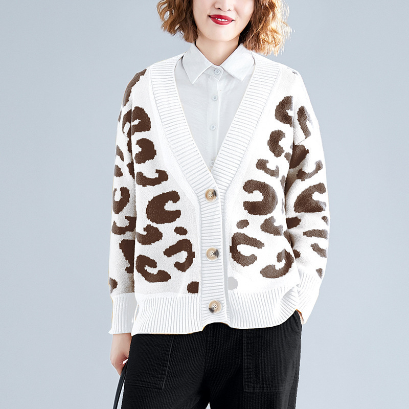 Cozy Leopard Pattern Women Fashion Autumn Winter Loose Long-Sleeved V-Neck Outer Knitted Cardigan