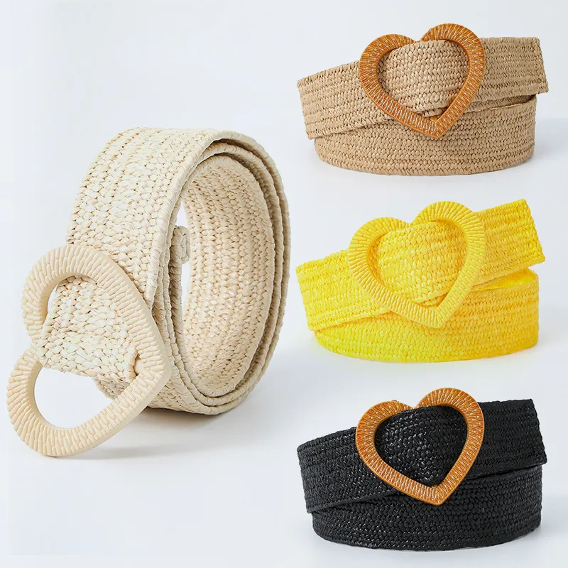 (Buy 1 Get 2 ) Women Fashion Simple Elastic Elastic PP Grass Woven Heart Buckle Belt