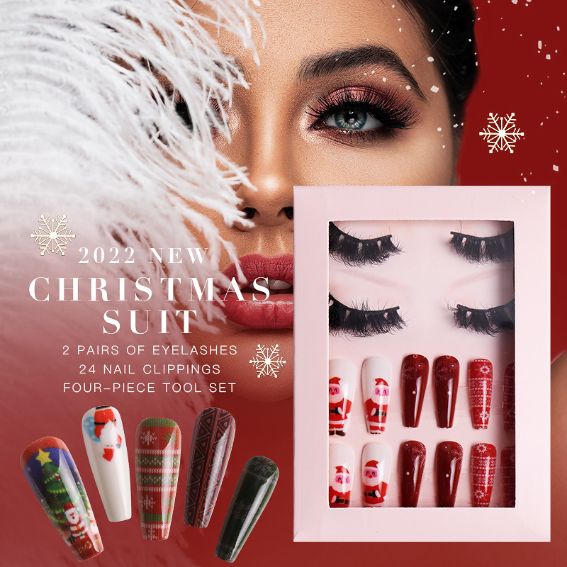 Women Fashion Thick Mink False Eyelashes Santa Claus False Nail Set