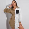 Women Casual Color Blocking Pocket Long-Sleeved Shirt Dress Blouse