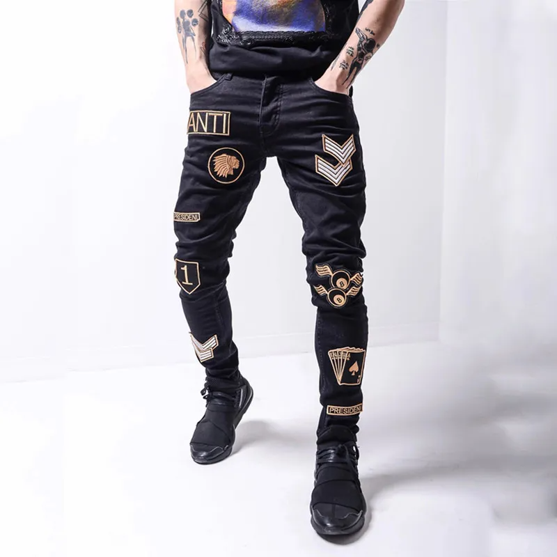 Men Fashion Patch Embroidery Stretch Slim Fit Pants