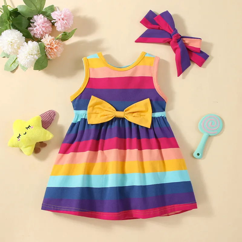 Kids Baby Girls Summer Butterfly Headband Rainbow Stripe Sleeveless Round Neck Princess Dress Set