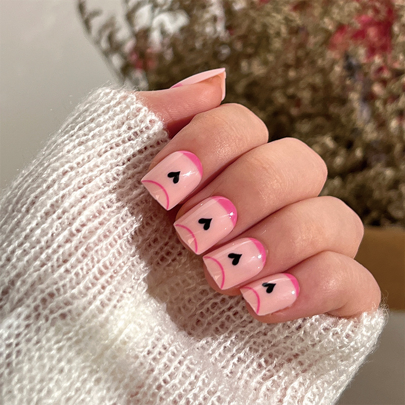 ( Buy 1 Get 2 )Valentine Day Women Fresh Little Love Pink Geometric Line Detachable False Nails