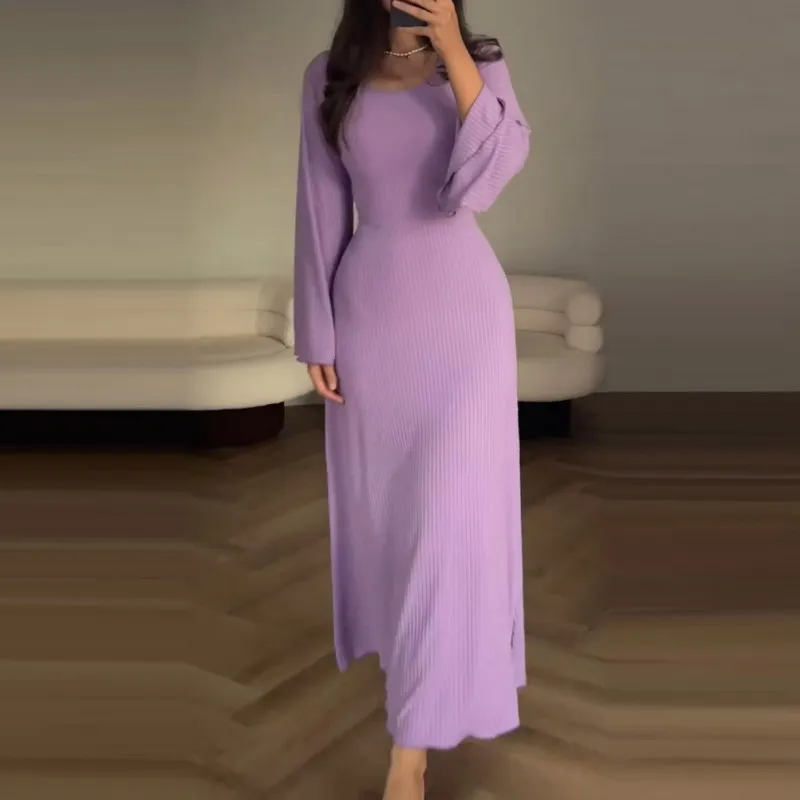 Women Fashion Casual Loose Solid Color Long Sleeve Maxi Dress