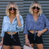 Women Fashion Casual Double Pocket Drawstring Hemline Loose Denim Shirt