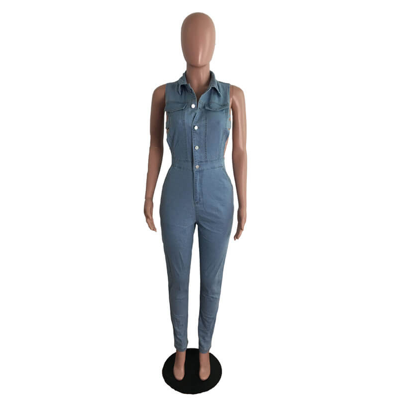 Women Sexy Lapel Cut Out Single-Breasted Denim Jumpsuits