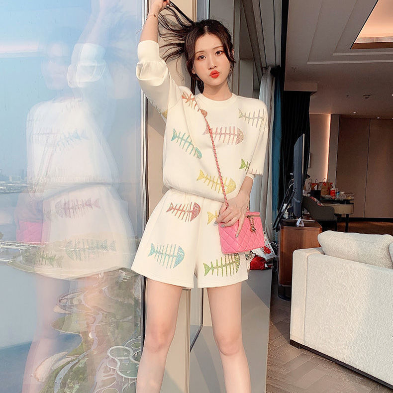 Women Summer Casual Fishbone Print High-Waisted Shorts Two-Piece Set