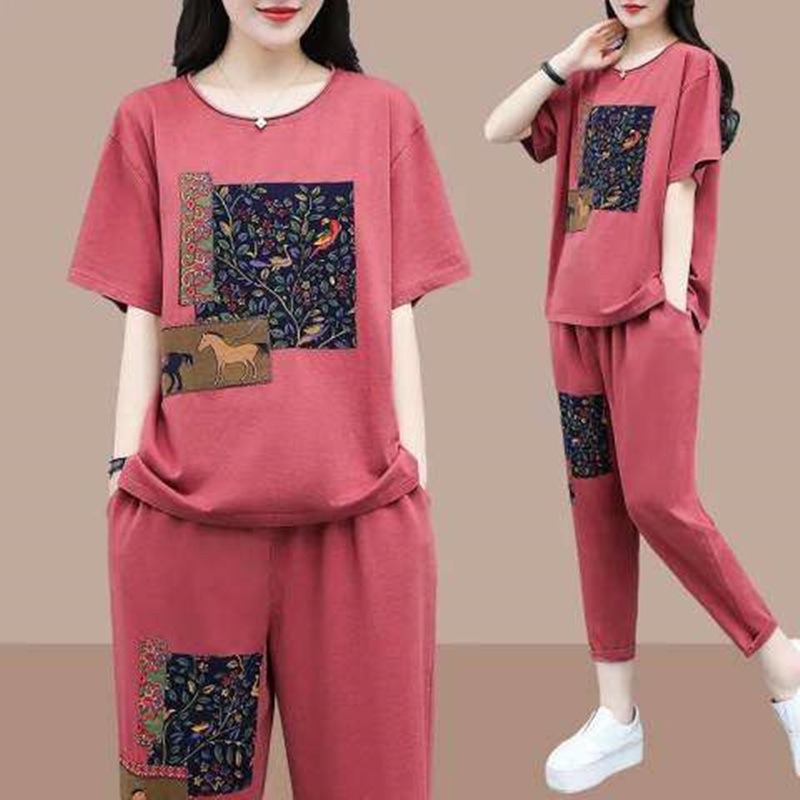 Women Summer Casual Short Sleeve T-Shirt And Loose Pants Graphic Printed Set