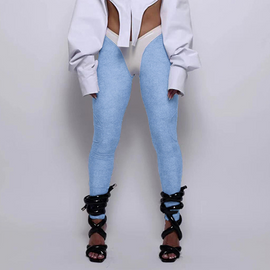 Women Contrasting Color Pu Leather Stitching High Waist Skinny Simple Pencil Pants