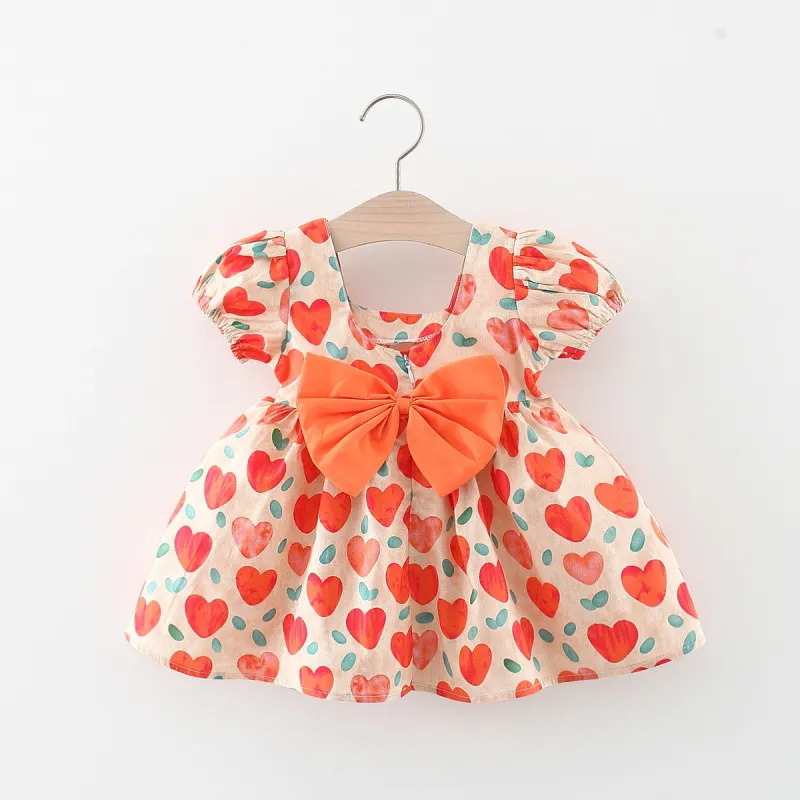 Toddlers Newborn Baby Fashion Girls Short Sleeve Heart Print Bowknot Cute Dress