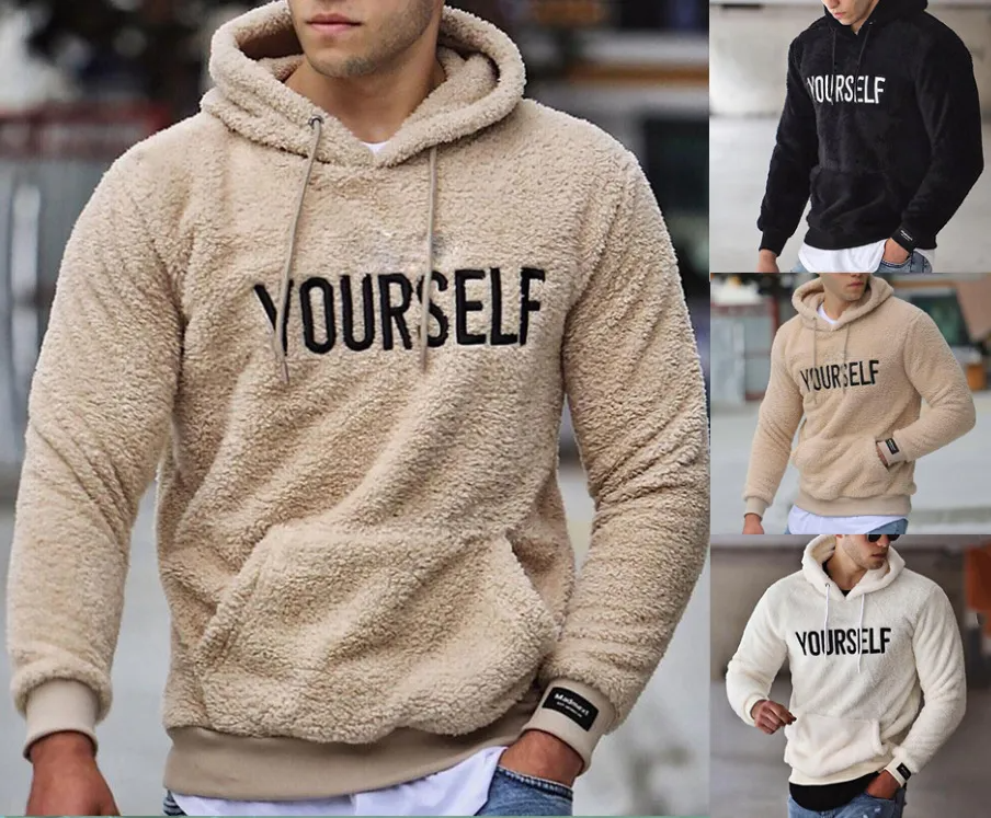 Men Casual Simple Solid Color Double Sided Fleece Hooded Letter Print Sweatshirt