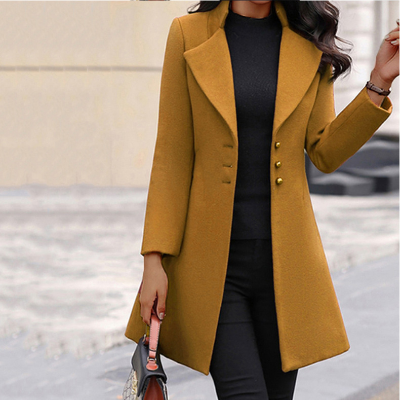 Women Fashion Casual Solid Color Lapel Woolen Mid-Length Long Sleeve Blazers