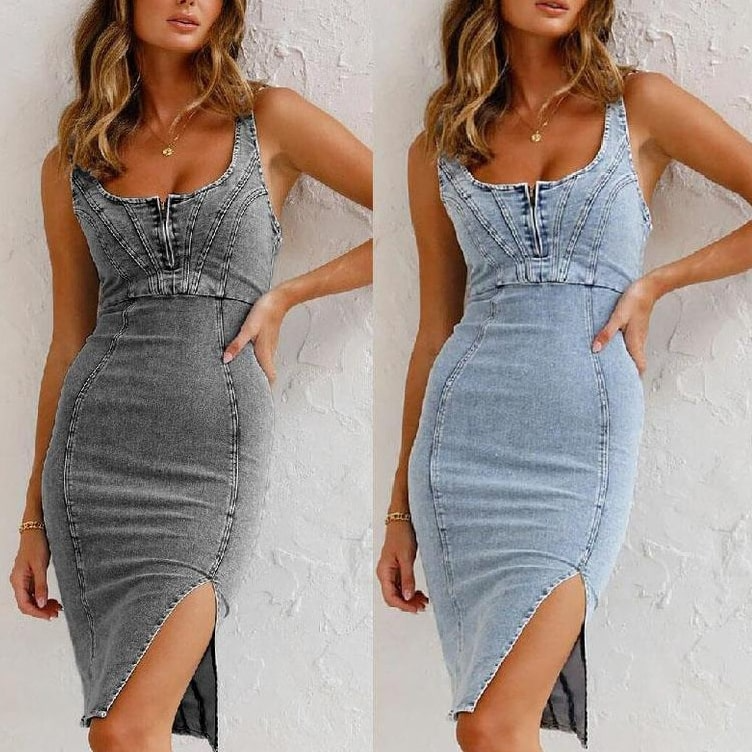 Women Creative Irregular Slit Zipper Denim Dress