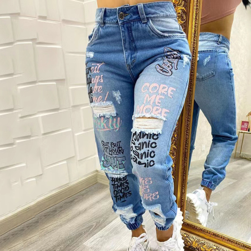 Women'S Fashion Casual Letter Printing Ripped Denim Pants