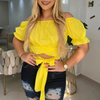 Women Fashion Solid Color Off-Shoulder Puff Sleeve Cropped Blouse