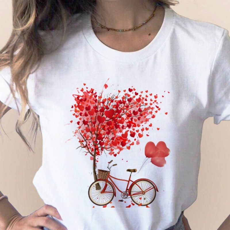 Women'S Fashion Love Flower Hot Air Balloon Print Round Neck Short Sleeve T-Shirt