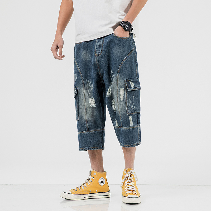 Men Retro Low Rise Straight Ripped Loose Denim Cropped Pants