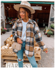 Women Casual Autumn Color Blocking Long-Sleeved Single-Breasted Lapel Loose Plaid Shacket