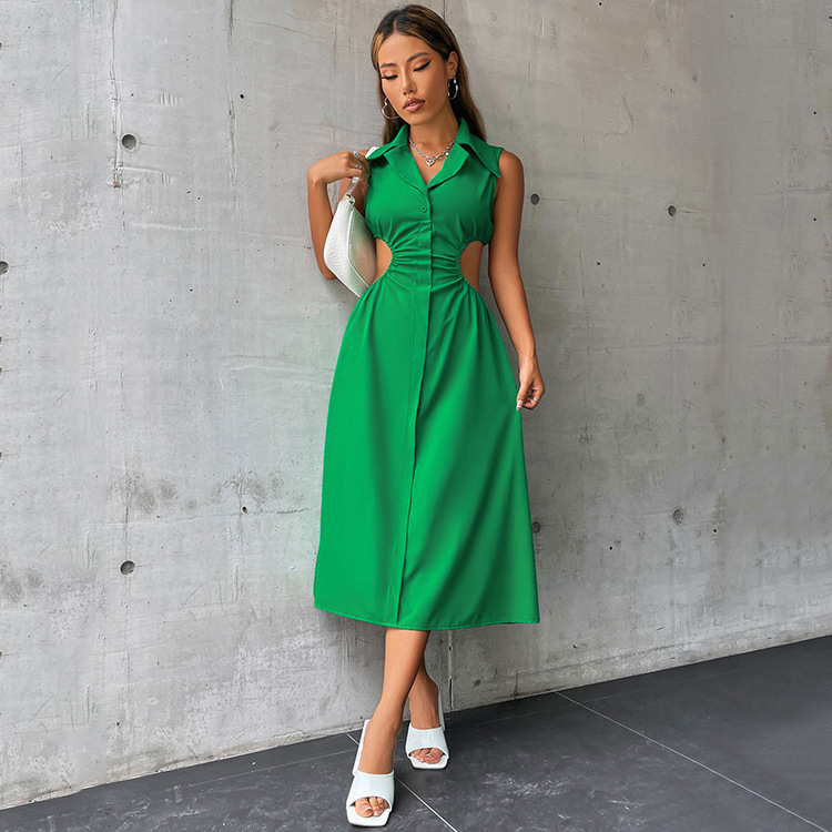 Women Fashion Solid Elegant Cut Out Sleeveless Lapel Midi Shirt Dress