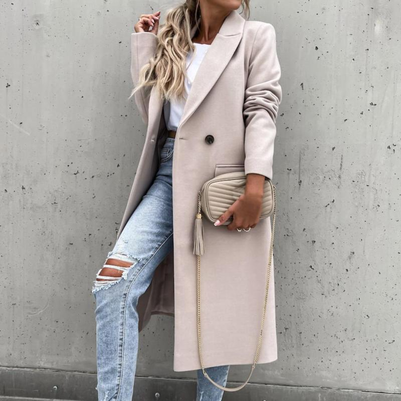 Fashion Winter Thickened Single-Breasted Solid Color Women Slim-Fit Woolen Trench Coat