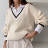 2 Pieces Women Casual Stitching Color Loose V-Neck Long-Sleeved Knitted Sweater