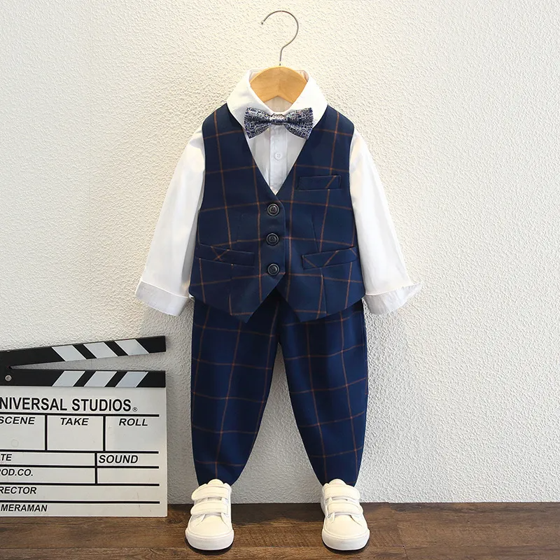 Kids Toddler Big Boys Spring Autumn Fashion Casual British Style Bow Waistcoat Shirt Suspender Trousers Party Clothing Set