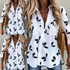 Women Fashion Casual Leaf Print Single-Breasted Long-Sleeved Shirt Blouse