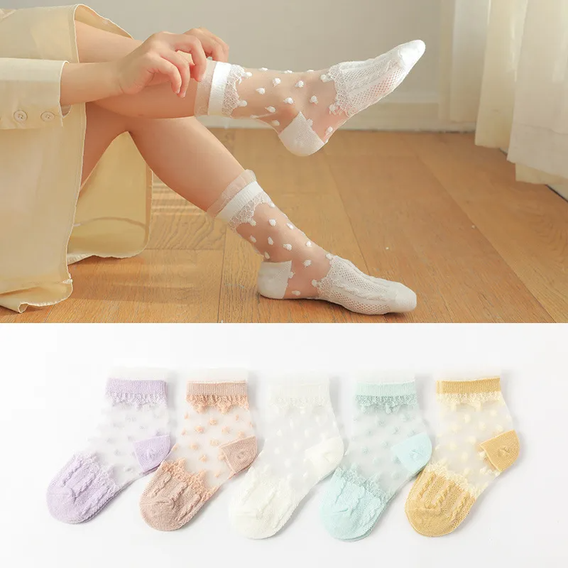 5pairs/Set Girls Sweet Lace Mesh Design Polka Dot Socks