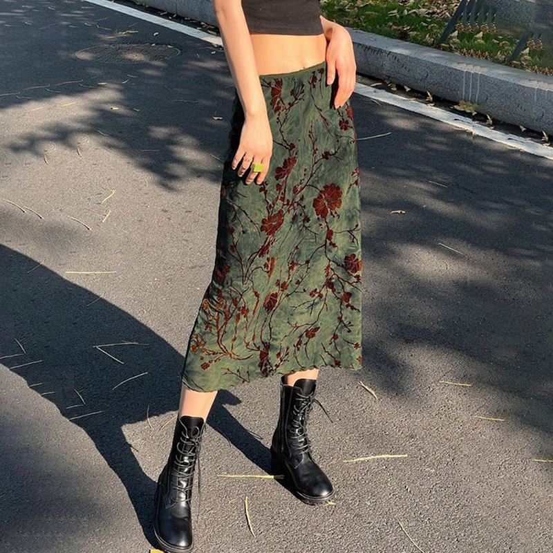 Women'S Fashion Gothic Retro Ink Rose Floral Printing High Waist Skirt