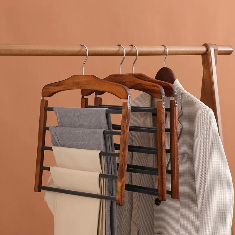 (Buy 1 Get 1) Solid Wood Flocking Pants Rack Household Wardrobe Multi-Functional Seamless Anti-Slip Multi-Layer Pants Hanger