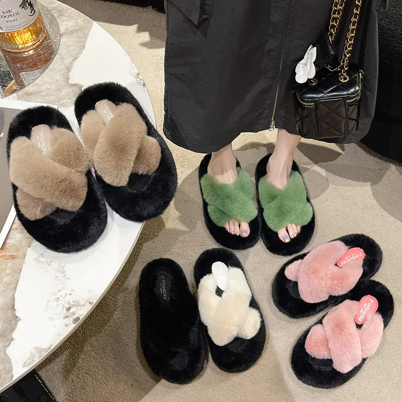 Autumn Winter Women Fashion Plus Size Cross Plush Warm Home Slippers