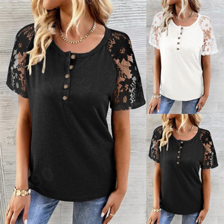 Women'S Fashion Hollow Lace Stitching Short-Sleeved T-Shirt