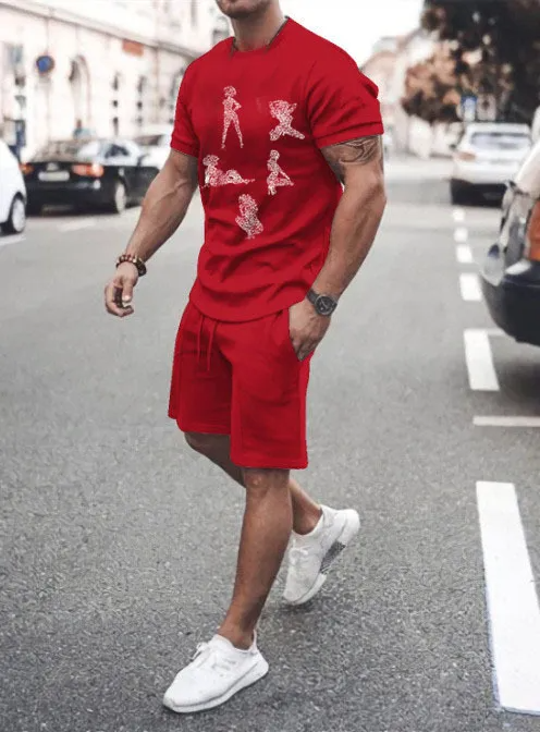 Men Casual Printed Round Neck Short-Sleeved T-Shirt And Shorts Two-Piece Set