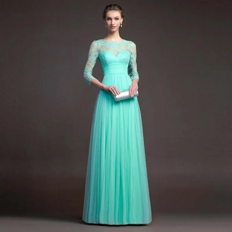 Women Temperament Long Sleeve Lace See-Through Maxi Evening Dress