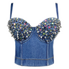 Women Fashion Rhinestone Studs Denim Camisole Corset