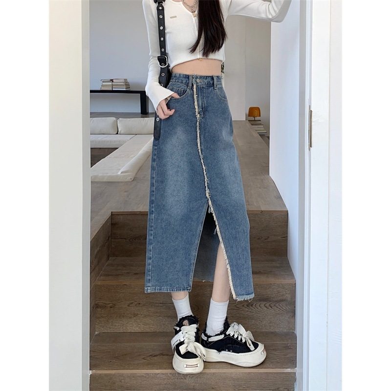 Women Fashion High Waist Slit Denim Skirt