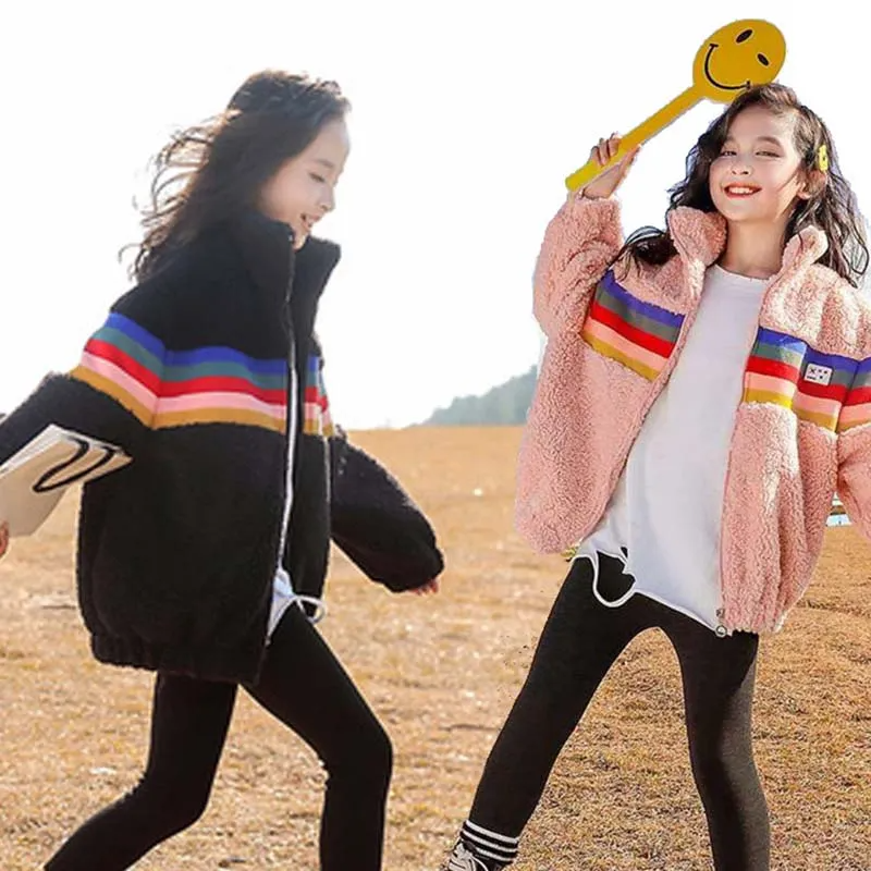 Kids Toddler Big Girls Autumn Winter Casual Cute Rainbow Color Lamb Zipper Stand Collar Long Sleeve Coat