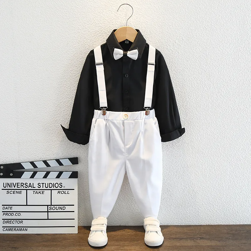 Kids Toddler Big Boys Spring Autumn Fashion Casual British Style Bow Shirt Suspender Trousers Party Clothing Set