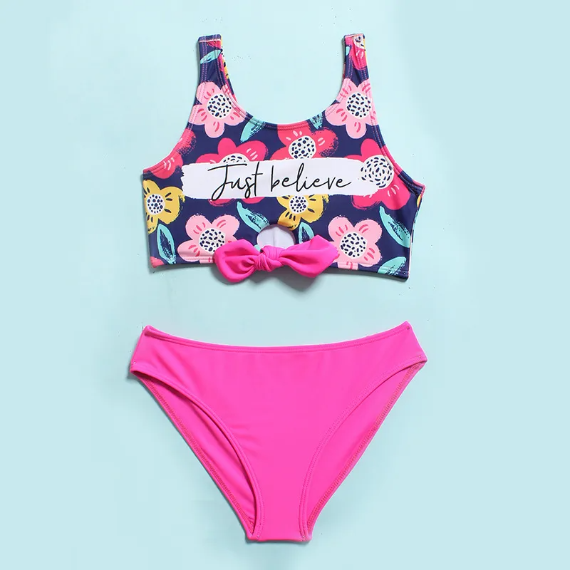 Children Kids Baby Fashion Girls Cute Flower Print Split Swimsuit 2pcs Set