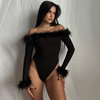 Women Fashion Elegant Solid Color Feather Plush Off-Shoulder Long Sleeve Tight Bodysuit