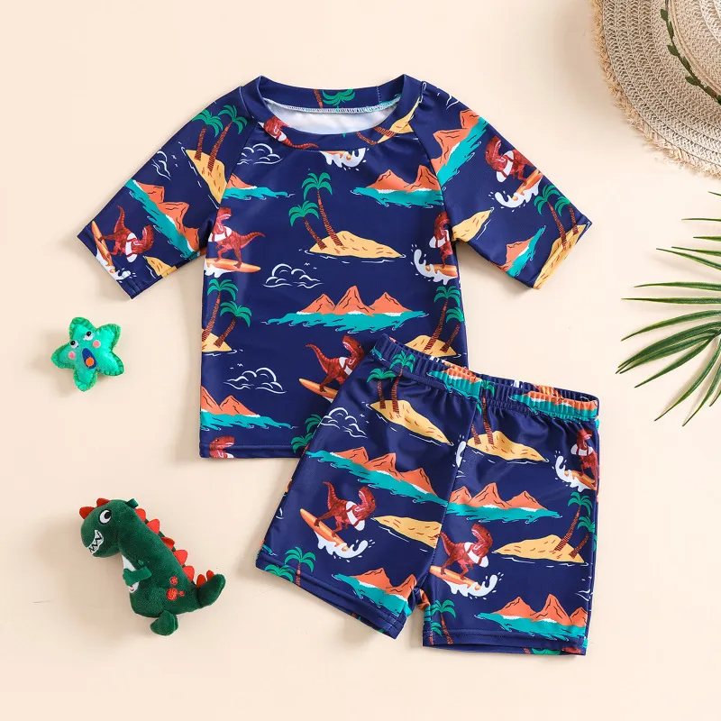 Toddlers Newborn Baby Fashion Boys Cartoon Dinosaur Printed Swimsuit 2pcs Set