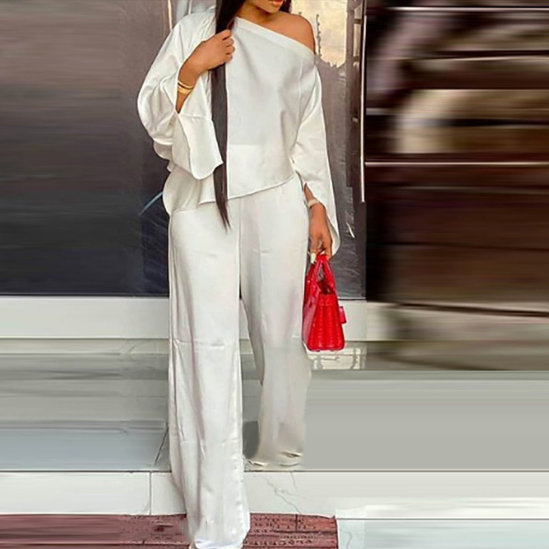 Women Fashion Casual Solid Color Long Sleeve Top And Wide-Leg Pants Sets