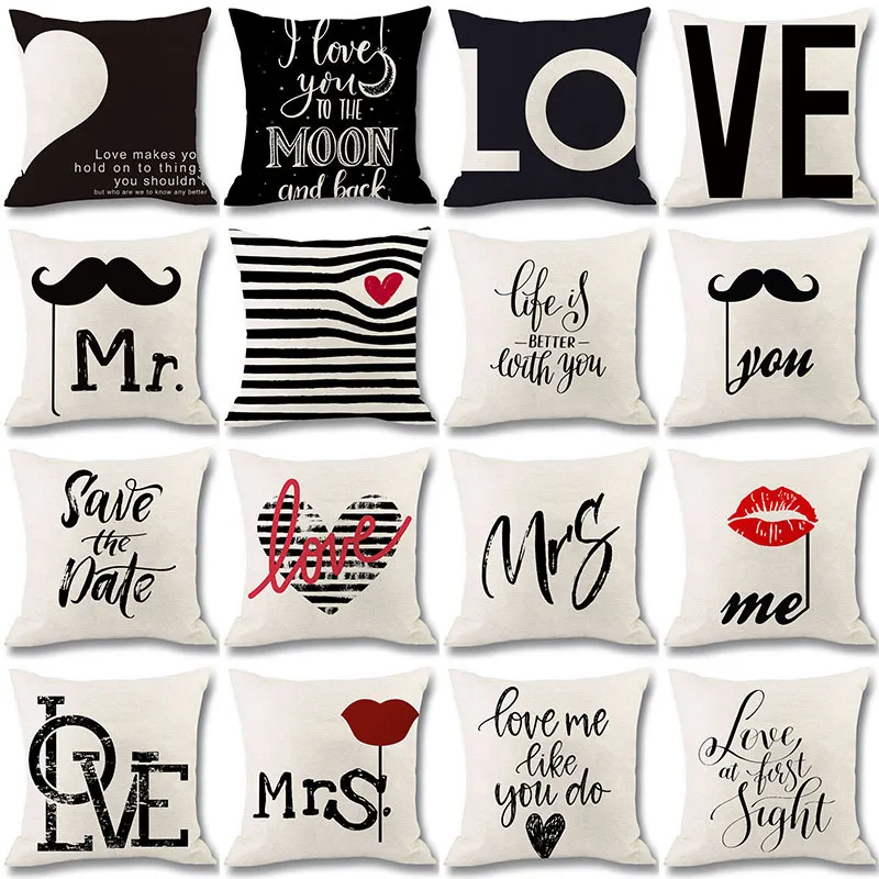 (Buy 1 Get 1)  Modern Simple Letter Print Linen Living Room Rug Cushion Throw Pillowcase