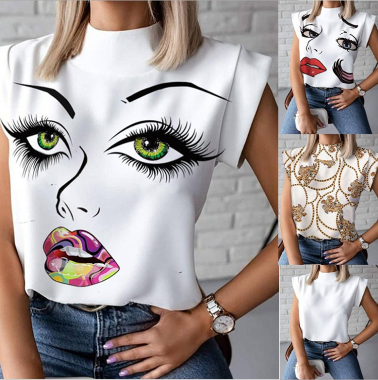 Women'S Simple Short Sleeve Stand Collar Lip Print Blouse