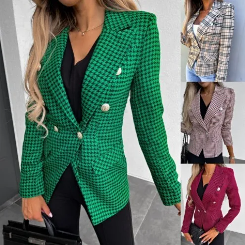 Women Fashion Plaid Print Long Sleeve Blazer Coat