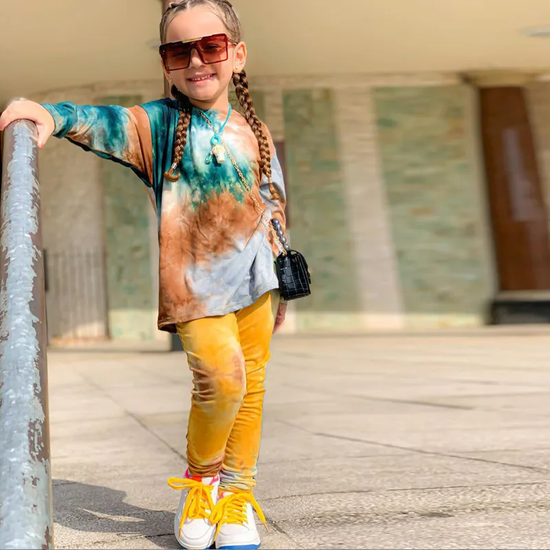 Kids Toddler Big Girls Spring Autumn Fashion Casual Cute Tie Dye Round Neck Long Sleeve Pants Set