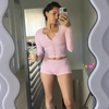 Women Fashion Solid Color Long Sleeve Buttoned Top And Tight Shorts Casual Set