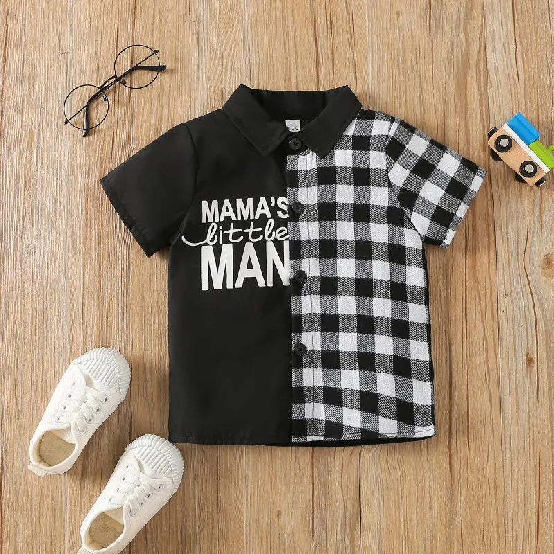 (Buy 1 Get 2) Toddlers Newborn Baby Fashion Boys Short Sleeve Patchworking Letter Plaid Print Shirt